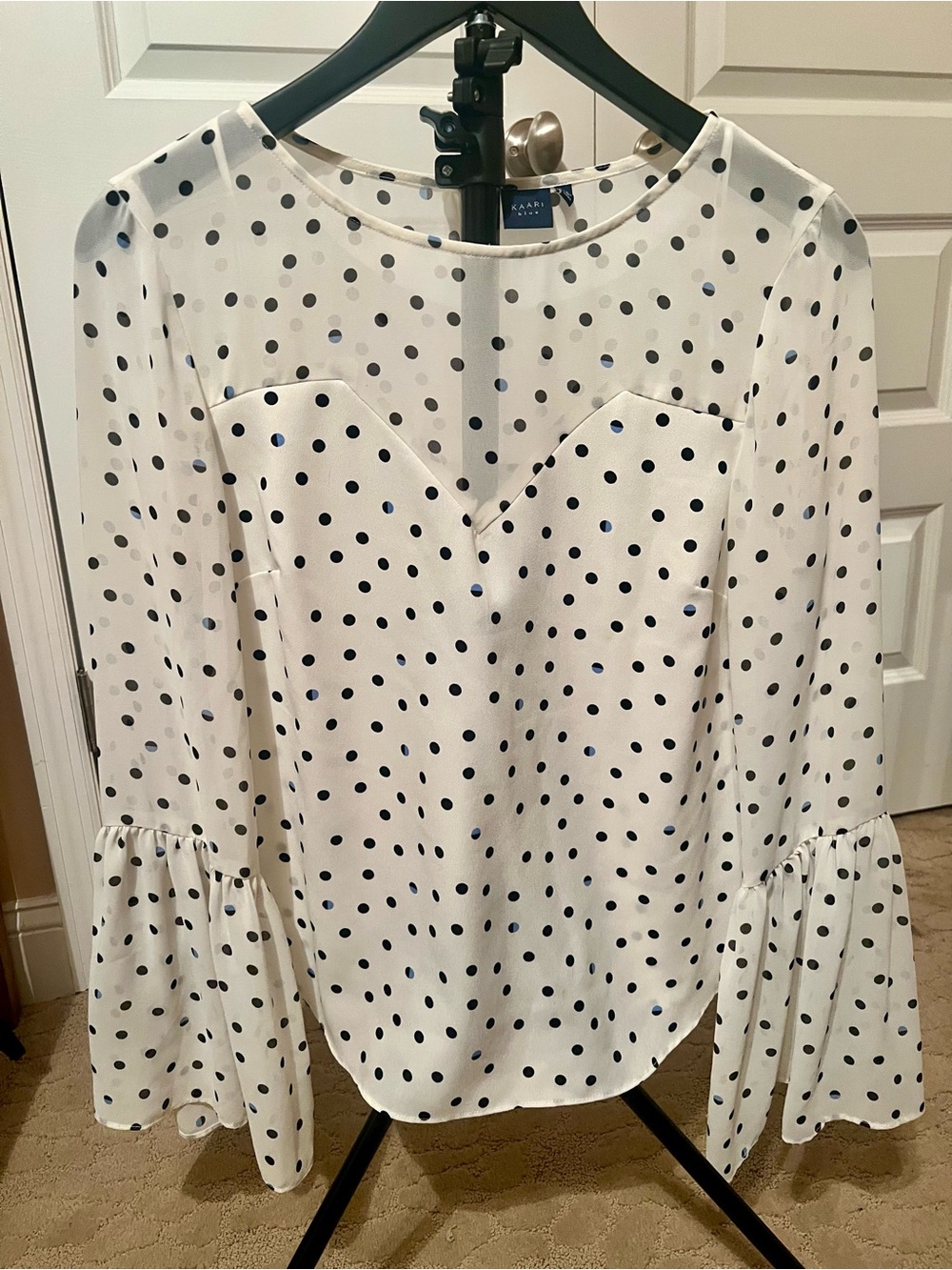 Kaari Blue White Blouse with Black Polka Dots and Bell Sleeves